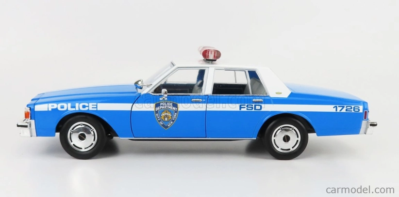 Greenlight Chevrolet Caprice Police New York City Departiment 1990 1:18 Svetlomodrá Biela