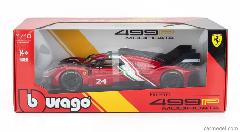 Bburago Ferrari 499p 3.0l Turbo V6 N 24 Modificata 2024 1:18 červená žltá čierna