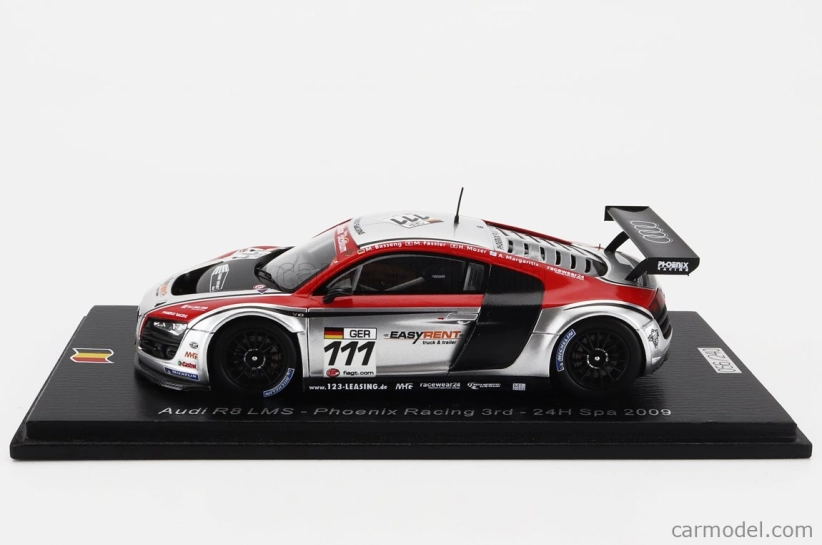 Spark-model Audi R8 Lms Team Phoenix Racing N 111 24h Spa 2009 Henri Moser - Marcel Fassler - Alex Margaritis - Marc Basseng 1:43 Silver Red