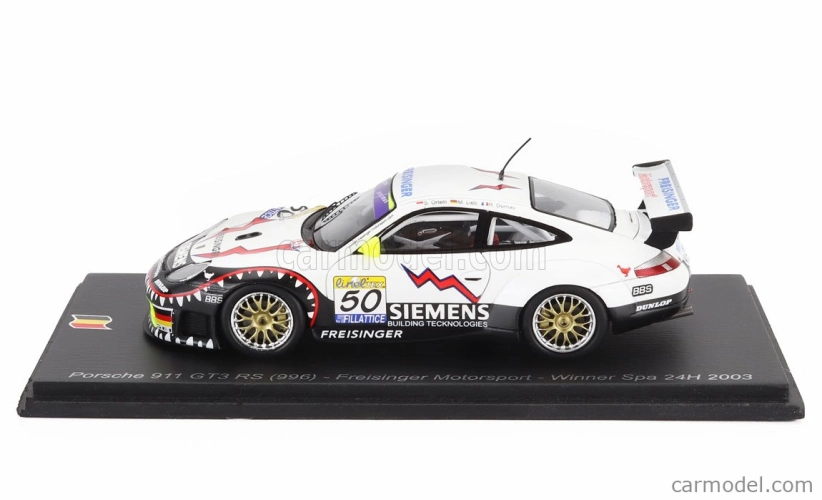 Spark-model Porsche 911 996 3.6l Gt3 Rs Team Freisinger Motorsport N 50 Winner 24h Spa 2003 Stephane Ortelli - Marc Lieb - Romain Dumas 1:43 Biela čierna červená
