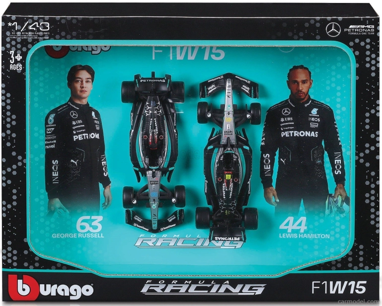 Bburago Mercedes gp Set F1 2x W15 Team Mercedes-amg Petronas Formula One N 44 Season 2024 Lewis Hamilton + N 63 George Russell 1:43 Černá Stříbrná Zelená