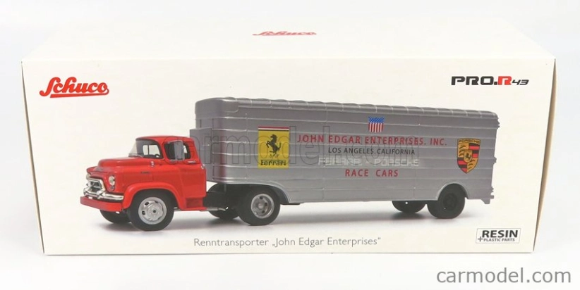 Schuco GMC Truck Car Transporter Team John Edgard Enterprises Inc. Los Angeles California Ferrari - Porsche Race Cars 1950 1:43 Červená Stříbrná