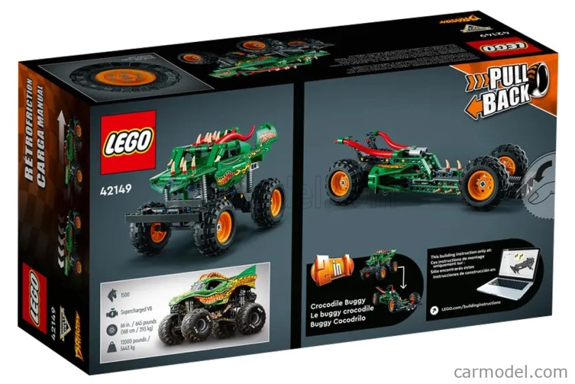 Lego Truck Lego Technic - 2 v 1 - Monster Jam Dragon Pull Back - 217 dielikov - zelená