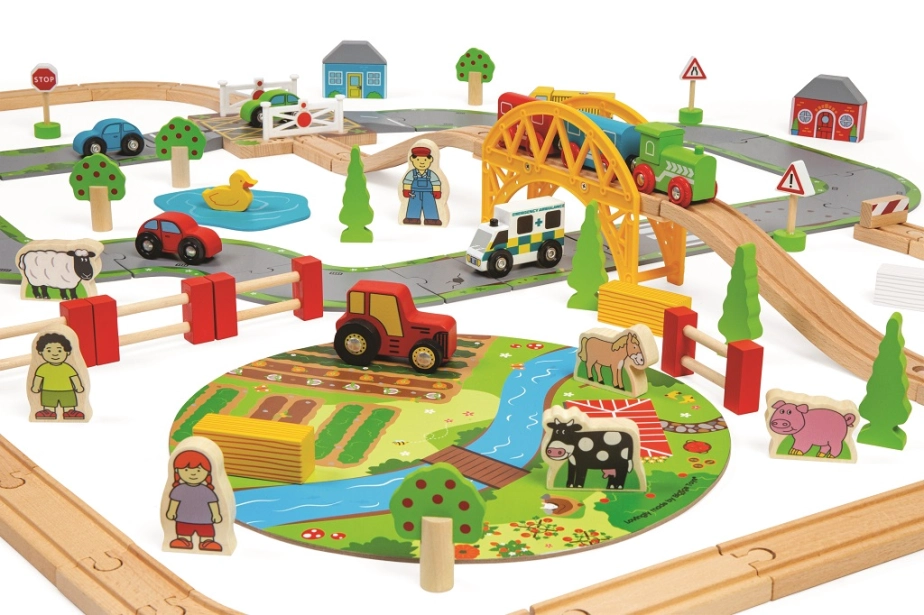 Bigjigs Rail Dřevěná vláčkodráha s venkovskou cestou 80 dílů poškozený obal