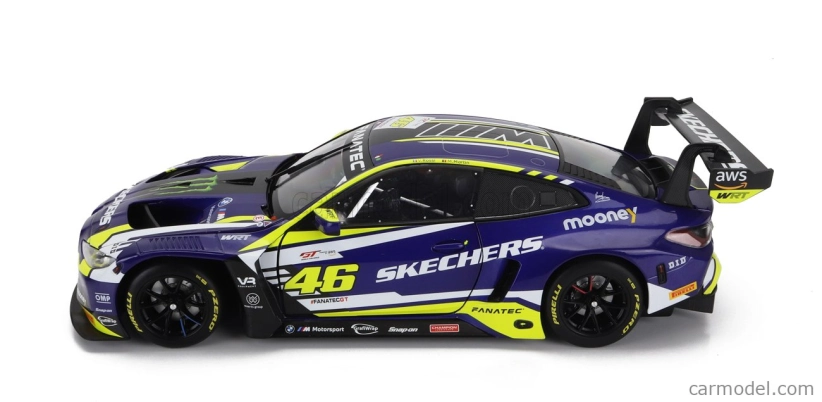 Minichamps BMW radu 4 M4 Gt3 Team Wrt N 46 Víťaz Gtwce Gt World Challenge Europe Sprint Cup Misano Taliansko 2023 - Valentino Rossi - Maxime Martin 1:18 Fialová Žltá Čierna