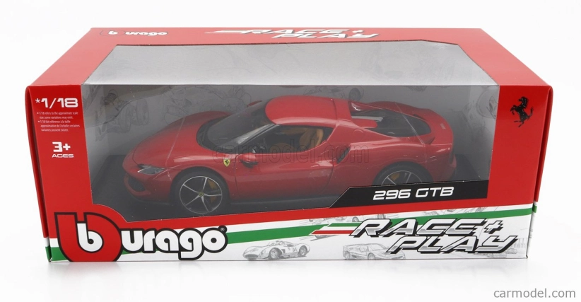 Bburago Ferrari 296 Gtb Hybrid 830hp V6 2021 – Exclusive Carmodel 1:18 Rosso Corsa – červená
