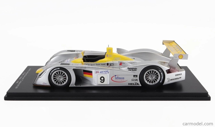Spark-model Audi R8 3.6l Turbo V8 Team Audi Sport Joest N 9 2nd 24h Le Mans 2000 Laurent Aiello - Allan Mcnish - Stephane Ortelli 1:18 Stříbrná Žlutá