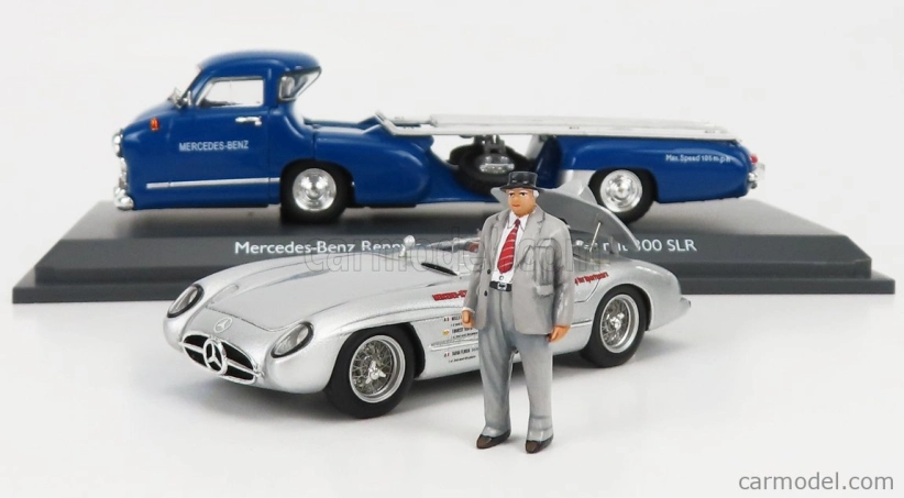 Schuco Mercedes benz Racing Car Transporter Truck Rennwagen 1955 With 300 Slr Spider 1:43 Modrá Stříbrná