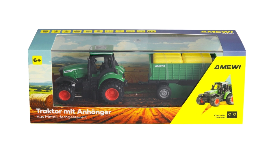 Kovový RC traktor s prívesom 1:64 RTR zelený, 3 rýchlostné stupne, LED svetlá