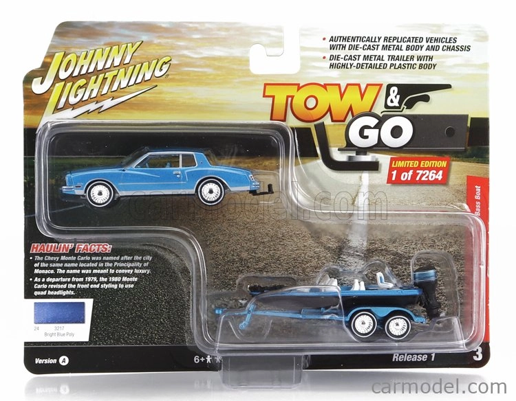 Johnny lightning Chevrolet Montecarlo 1980 With Trailer And Motorboat 1:64 Modrá Černá