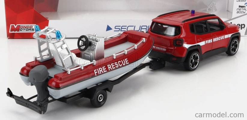 Mondomotors Jeep Renegade Fire Engine Con Carrello E Gommone 2017 - Príves a motorový čln 1:43 Červená biela
