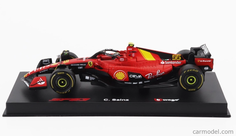 Bburago Ferrari F1 Sf-23 Team Scuderia Ferrari N 55 Pole Position 3rd Monza Italy Gp 2023 Carlos Sainz – With Pilot And Showcase 1:43 červená čierna žltá