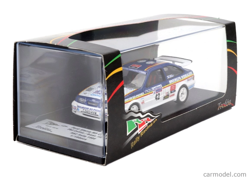Trofeu Ford england Sierra Rs Cosworth N 42 Rally Rac Lombard 1986 Phil Collins - Bryan Thomas 1:43 Modrá biela