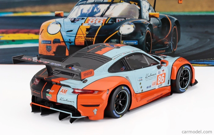 Ixo-models Porsche 911 991-2 Rsr-19 4.2l Team Gr Racing Gulf N 86 24h Le Mans 2023 Ben Barker - Riccardo Pera - Michael Wainwright 1:18 Oranžová svetlo modrá čierna