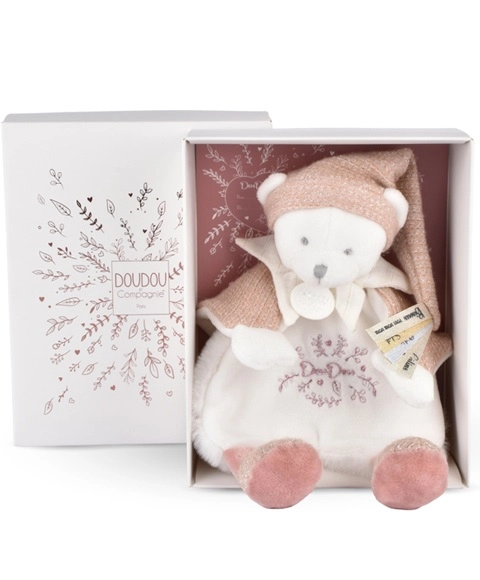 Doudou Dárková sada Plyšový muchláček medvídek s čepičkou růžový 25 cm