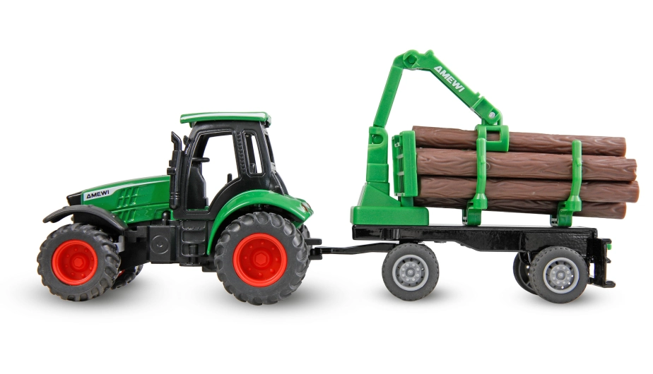 Kovový RC traktor s prívesom na drevo a nakladacím žeriavom 1:64 RTR zelený, 3 rýchlostné stupne, LED svetlá