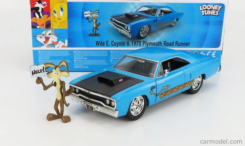 Jada Plymouth Road Runner Coupe 1970 With Wile E. Coyote Figure - Looney Tunes 1:24 Blue