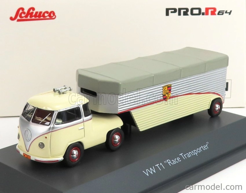 Schuco Volkswagen T1b Continental Motors Porsche Car Transporter 1962 1:64 Krémově Šedá Stříbrná