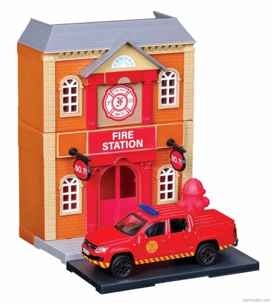 Bburago Accessories Diorama – Set Fire Station With Volkswagen Amarok Pick-up 2009 1:43 Red