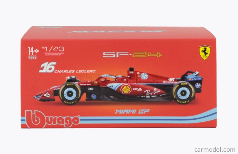Bburago Ferrari F1 Sf-24 Team Scuderia Ferrari N 16 3rd Miami Gp 2024 Charles Leclerc – With Pilot And Showcase 1:43 červená čierna svetlomodrá