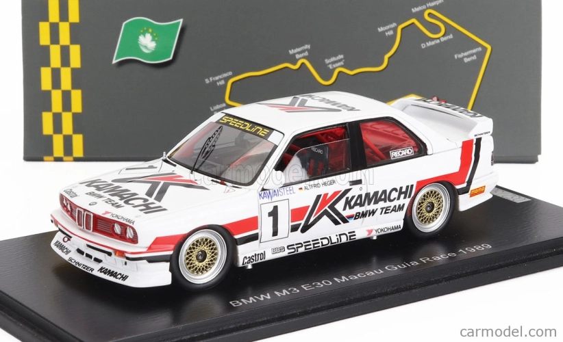 Spark-model BMW 3-series M3 E30 N 1 Macau Guia Race 1989 Altfrid Heger 1:43 Bílá Červená