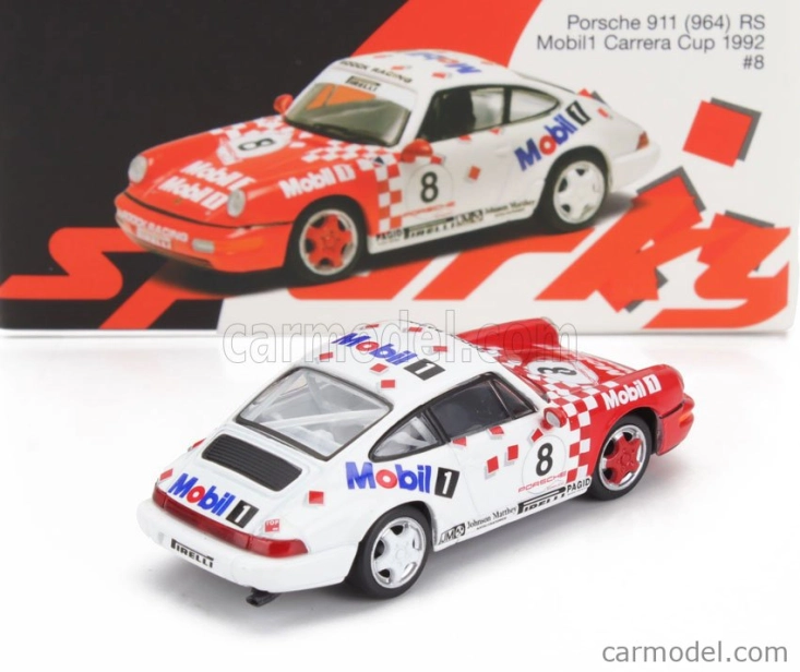Spark-model Porsche 911 964 Rs Mobil1 N 8 Porsche Carrera Cup 1992 1:64 červená biela