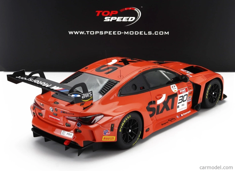 Truescale BMW 4-series M4 Gt3 Team Bmw Wrt N 30 Winner 8h Igtc Indy 2023 Sheldon Van Der Linde - Dries Vanthoor - Philippe Eng 1:18 Orange Black