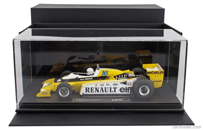 Gp-replicas Renault F1 Rs10 Team Renault Elf N 16 Fastest Lap 3rd French Gp (with Pilot Figure) 1979 Rene Arnoux - Con Vetrina - With Showcase 1:18 Žlutá Bílá
