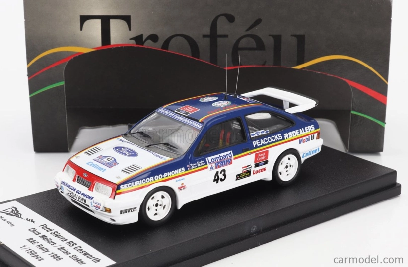 Trofeu Ford england Sierra Rs Cosworth N 43 Rally Rac Lombard 1986 Chris Mellors - Brian Staker 1:43 Modrá Bílá