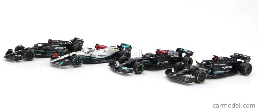 Bburago Mercedes gp Set F1 4x W14 Team Mercedes-amg Petronas Formula One N 44 Season 2023 Lewis Hamilton - N 63 Season 2023 George Russell - W13 N 44 Season 2022 Lewis Hamilton – W12 N 44 Season 2021 Lewis Hamilton 1:43 matná čierna strieborná