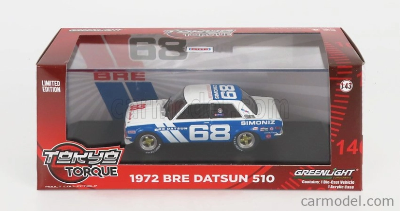 Greenlight Datsun 510 Bre N 68 Racing 1972 P.gregg 1:43 Biela Modrá
