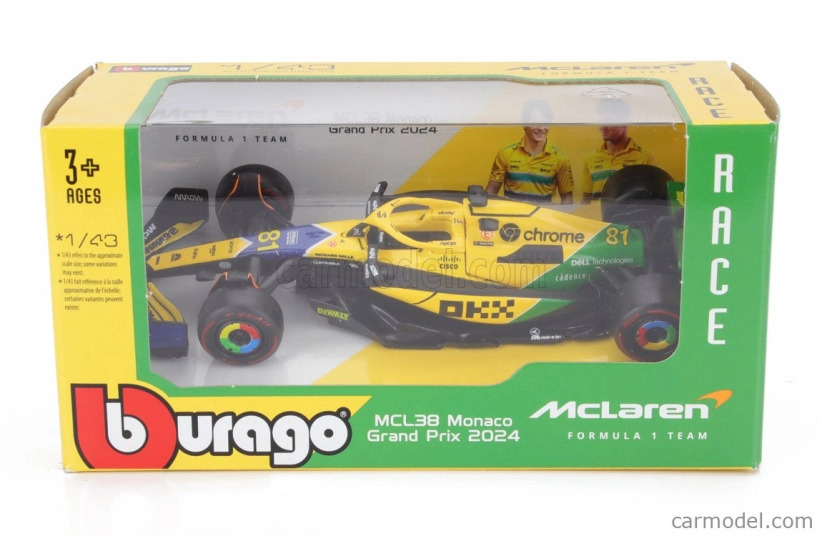 Bburago Mclaren F1  Mcl38 Team Mclaren N 81 2nd Monaco Gp (senna 30th Anniversary) 2024 Oscar Piastri 1:43 Žlutá Zelená Černá