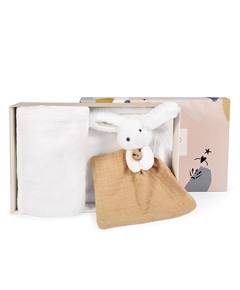 Doudou Happy Rabbit darčeková súprava so šatkou a béžovým paplónom