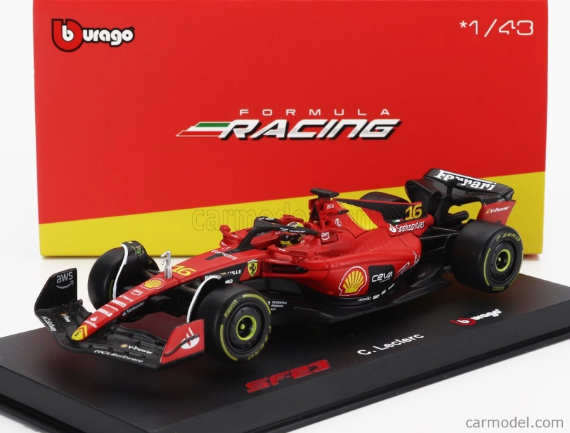 Bburago Ferrari F1 Sf-23 Team Scuderia Ferrari N 16 4th Monza Italy Gp 2023 Charles Leclerc – With Pilot And Showcase 1:43 červená čierna žltá