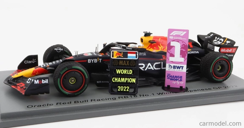 Spark-model Red bull F1  Rb18 Team Oracle Red Bull Racing N 1 Winner Japan Gp With Pit Board World Champion 2022 Max Verstappen 1:43 Matná Modrá Žlutá Červená