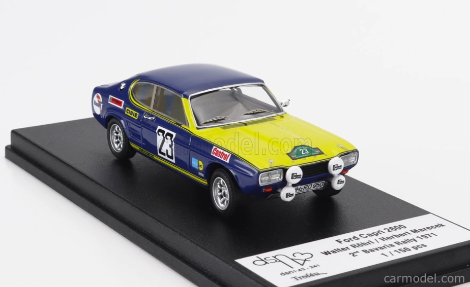 Trofeu Ford england Capri 2600 (nočná verzia) N 23 2nd Rally Bavaria 1971 Walter Rohrl - Herbert Marecek 1:43 Modrá Žltá