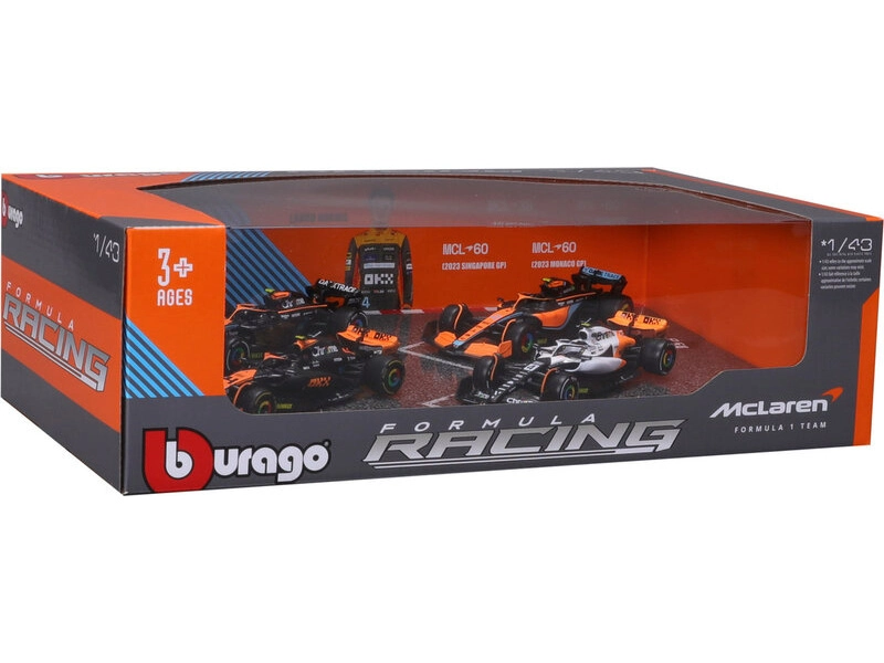 Bburago Mclaren F1 Set 4x – Team Mclaren Mcl36 N 4 Abu Dhabi Gp 2022 – Mcl60 N 4 Singapore Gp - Monaco Gp – British Gp 2023 Lando Norris 1:43 oranžová čierna biela