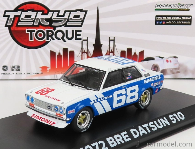 Greenlight Datsun 510 Bre N 68 Racing 1972 P.gregg 1:43 Biela Modrá