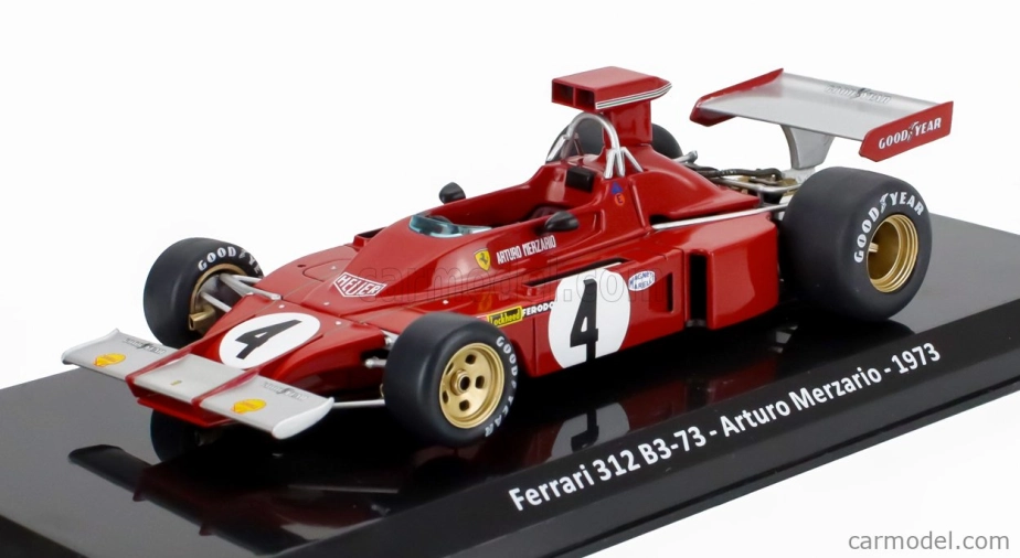ROZBALENÉ – Edicola Ferrari F1 312 B3 N 4 sezóna 1973 Arturo Merzario – s vitrínou – 1:24 červená
