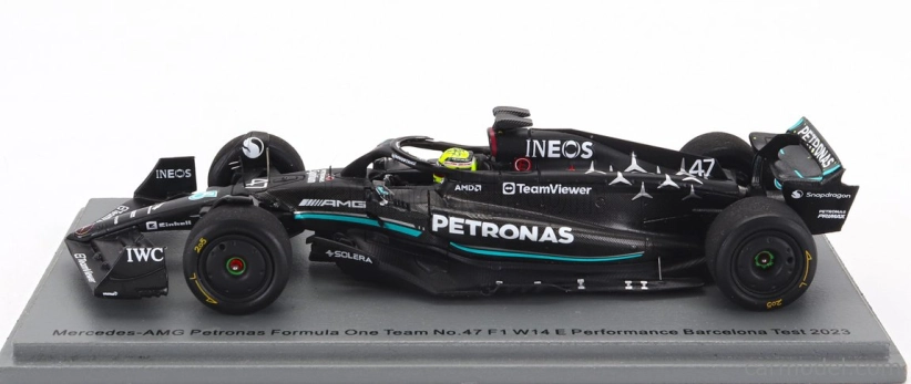 Spark-model Mercedes gp F1 W14 Team Mercedes-amg Petronas Formula One N 47 Tires Test Spain Gp 2023 Mick Schumacher 1:43 Matt Black
