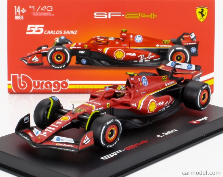 Bburago Ferrari F1 Sf-24 Team Scuderia Ferrari N 55 4th Italy Monza Gp 2024 Carlos Sainz – With Pilot And Showcase 1:43 červená biela čierna