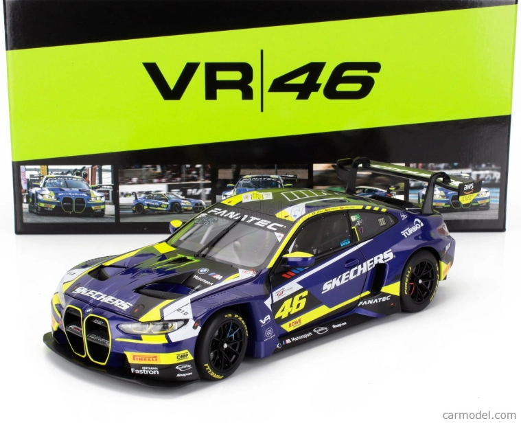 Minichamps BMW radu 4 M4 Gt3 Team Wrt N 46 4h Le Castellet 2024 Valentino Rossi - Maxime Martin - Raffaele Marciello 1:18 Modrá Žltá Čierna