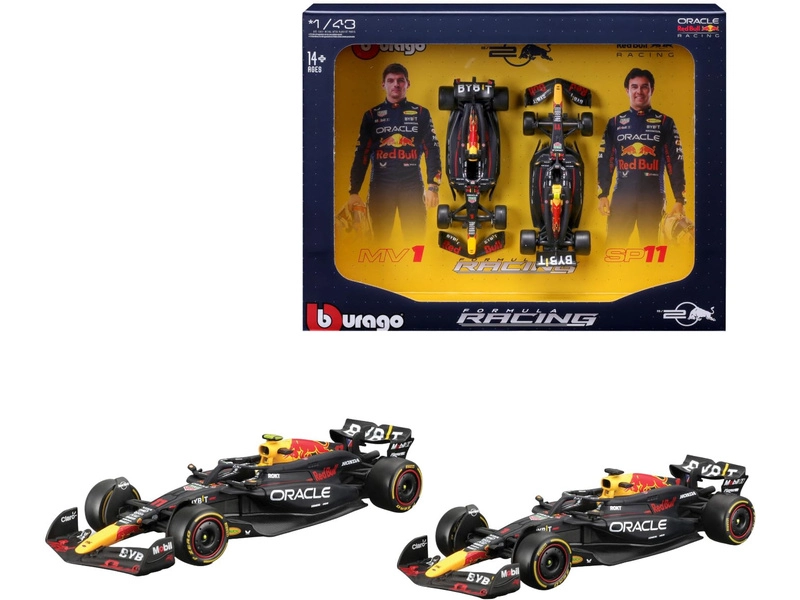 Bburago Red bull Set F1 2x Rb20 Team Oracle Red Bull Racing N 1 World Champion Season 2024 Max Verstappen + N 11 Sergio Perez 1:43 Matná Modrá Žlutá Červená