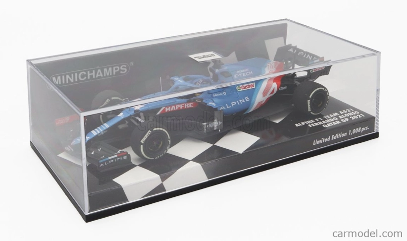 Minichamps Renault F1 A521 Renault E-tech 20b Team Alpine N 14 3. GP Kataru 2021 Fernando Alonso 1:43 Modrá červená biela