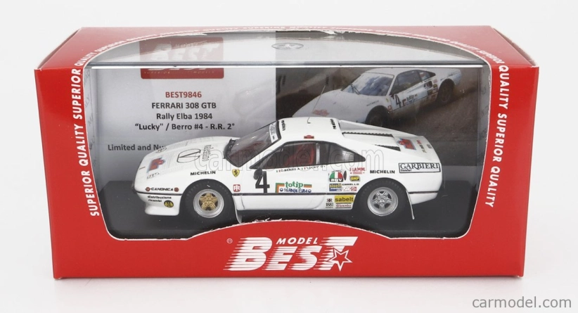 Najlepší model Ferrari 308 Gtb Gr.4 N 4 Rally D'elba 1984 Lucky - Berro 1:43 White