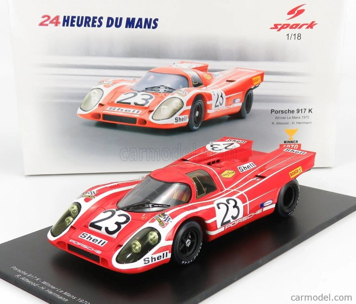 Spark-model Porsche 917k 4.9l Team Salzburg N 23 Winner 24h Le Mans 1970 Hans Herrmann - Richard Attwood 1:18 Červená Bílá