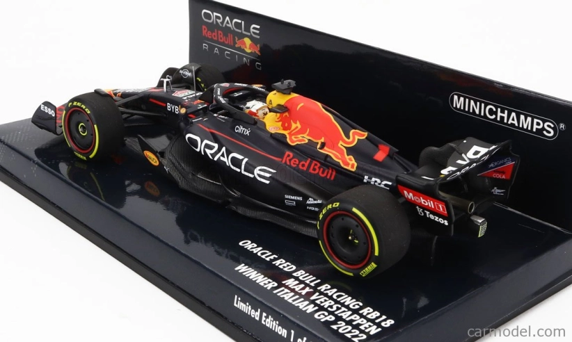 Minichamps Red bull F1 Rb18 Team Oracle Red Bull Racing N 1 Winner Taliansko Gp Majster sveta 2022 Max Verstappen 1:43 Matná modrá žltá červená