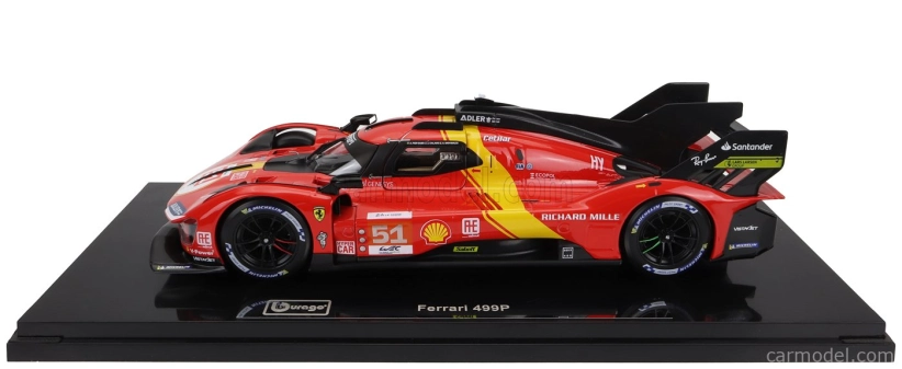 Bburago Ferrari 499p 3.0l Turbo V6 Team Ferrari Af Corse N 51 Winner 24h Le Mans 2023 Alessandro Pier Guidi - James Calado - Antonio Giovinazzi - With Showcase - Exclusive Carmodel 1:18 Červená Žlutá Černá