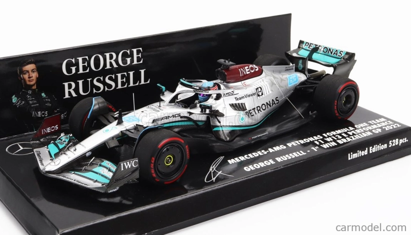 Minichamps Mercedes gp F1 W13e Team Mercedes-amg Petronas F1 N 63 (prvé víťazstvo v F1) Víťaz Brazilian Gp 2022 George Russell 1:43 Silver Green