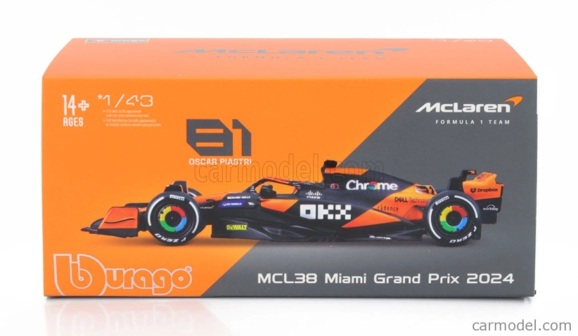 Bburago Mclaren F1  Mcl38 Team Mclaren N 81 Miami Gp 2024 Oscar Piastri - With Pilot And Showcase 1:43 Oranžová Černá